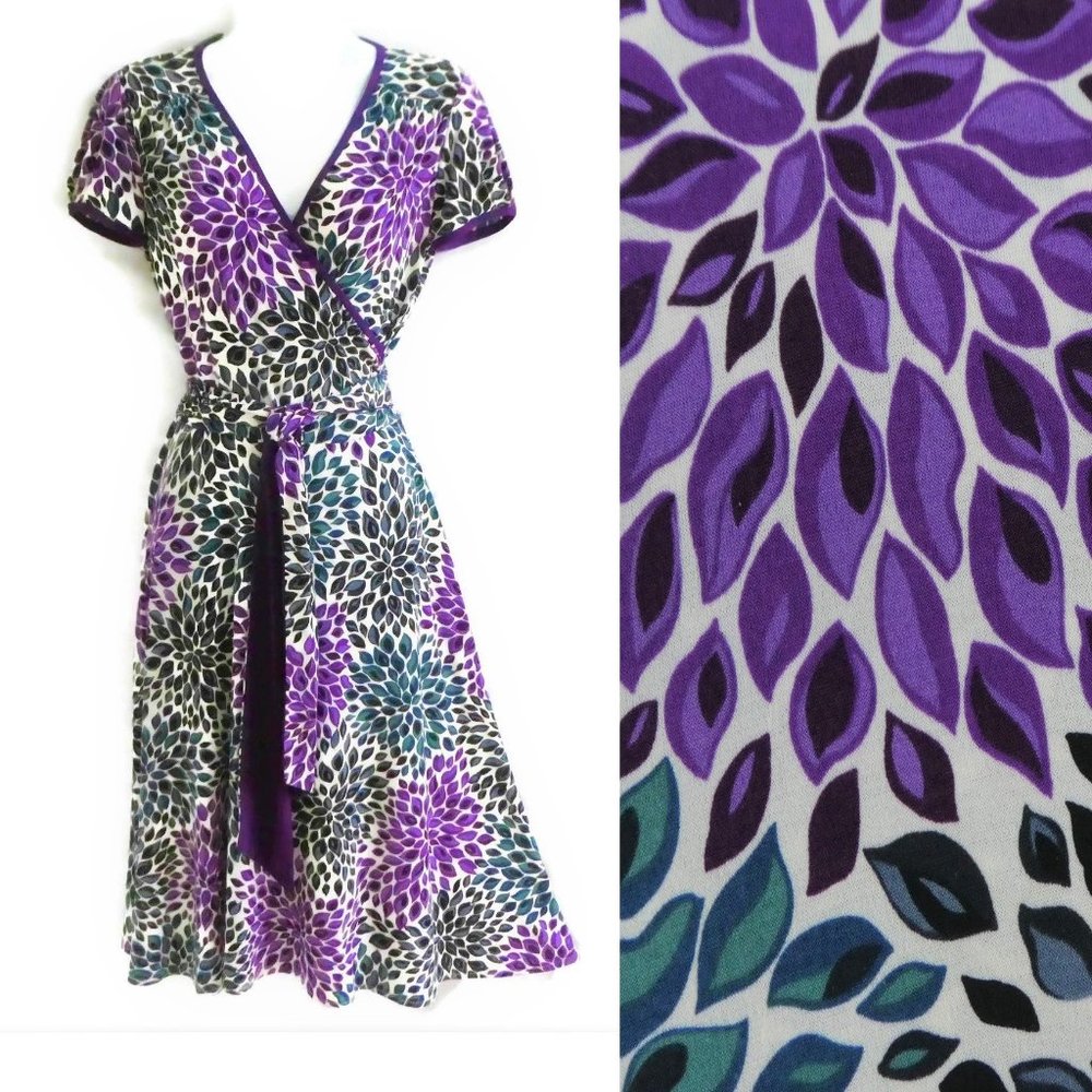 Vintage 90s Dress A Line Surplice Tie Purple Turquoise Floral Tear Attached Belt
